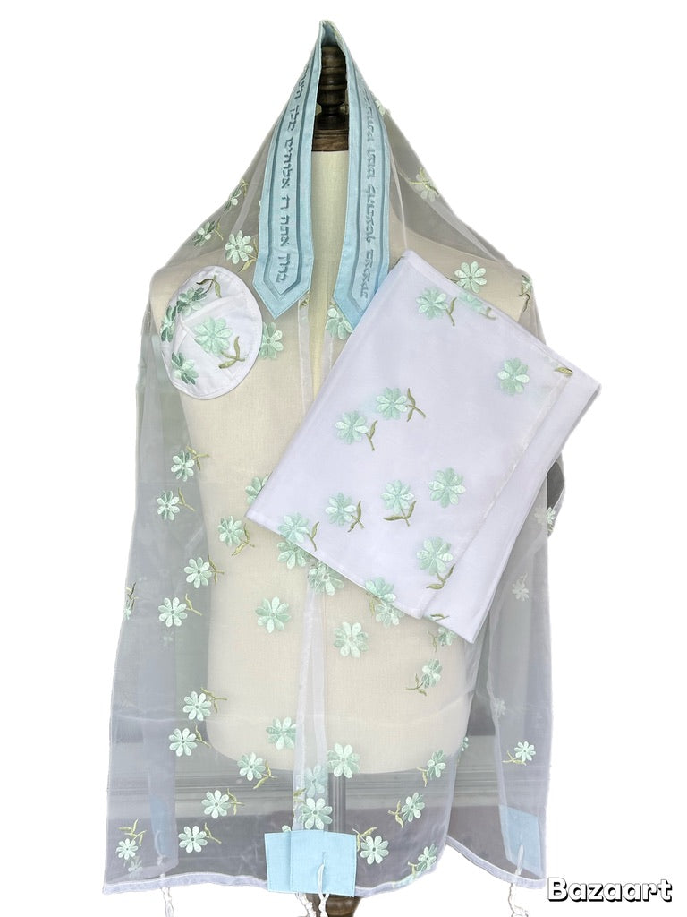 Women's Tallit: Ade-160 Organza Tallit With Tiphany Blue Leafs Embroider