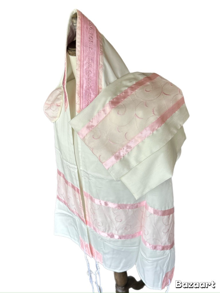Women's Tallit: Ade-971 White with Pink spiral Tallit