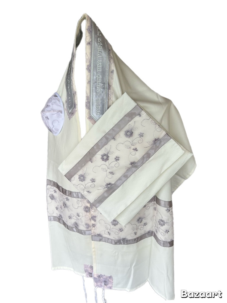 Women's Tallit: Ade-162 White With Silver Leafs Embroider