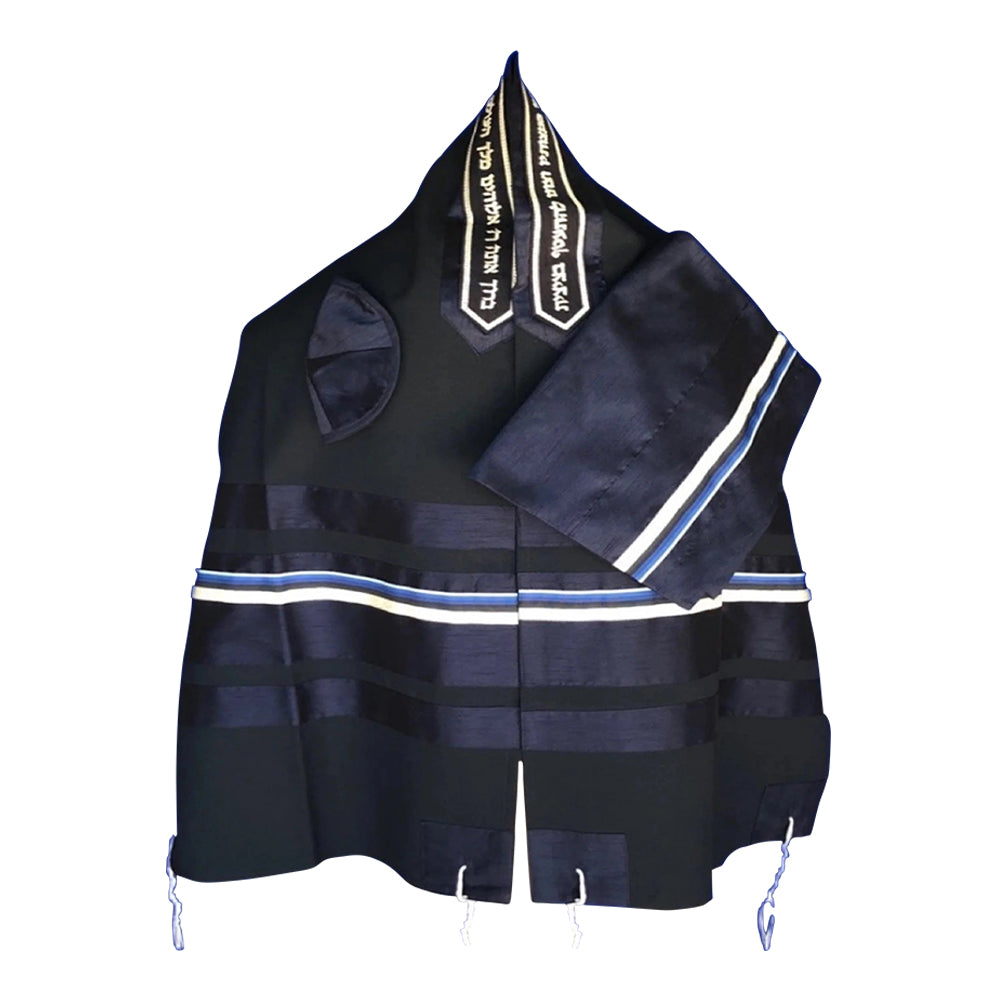 Men's Tallit: ADEB-512 Blue Wool & Silver Ribbon