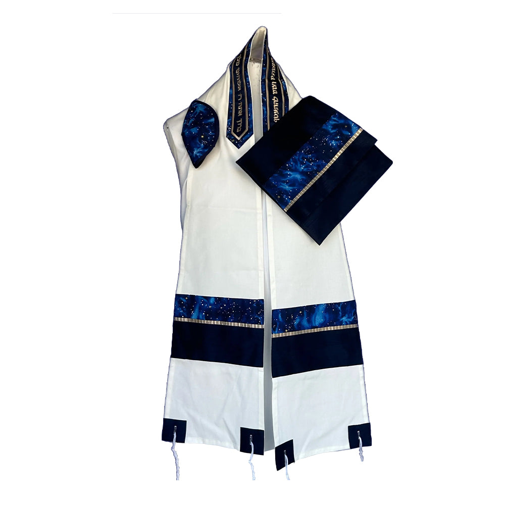 Men's Tallit: ADEB-522 Narrow Navy Blue & Golden Stars