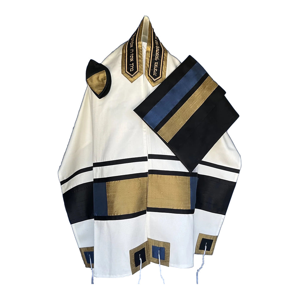 Men's Tallit: ADEB-541 Blue & Gold Squares