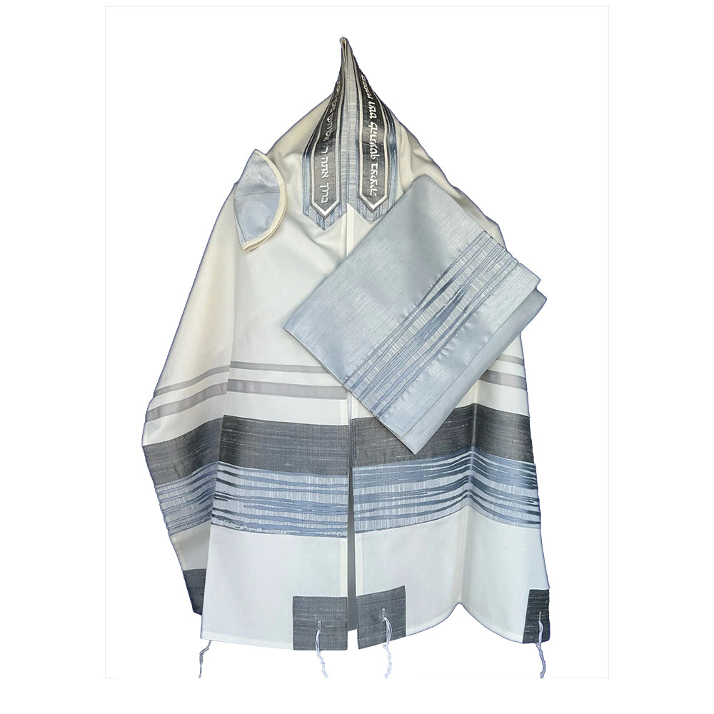 Men's Tallit: ADEB-546 Silver & Light Blue Wave
