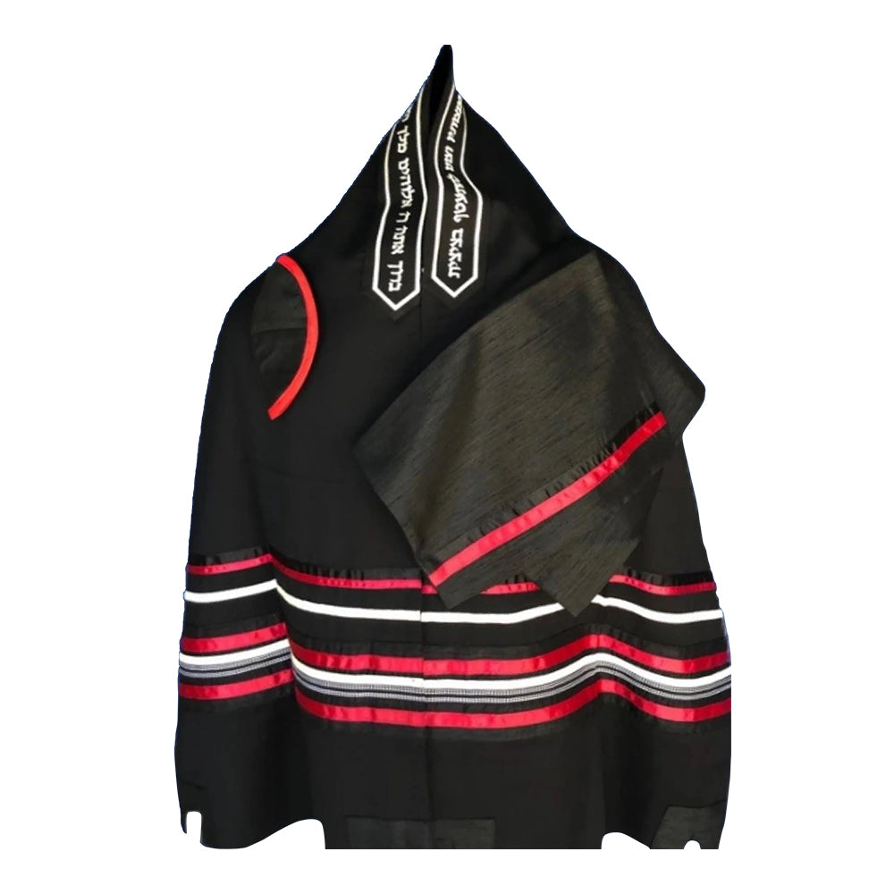 Men's Tallit: ADEB-972 Black Wool Black & Red