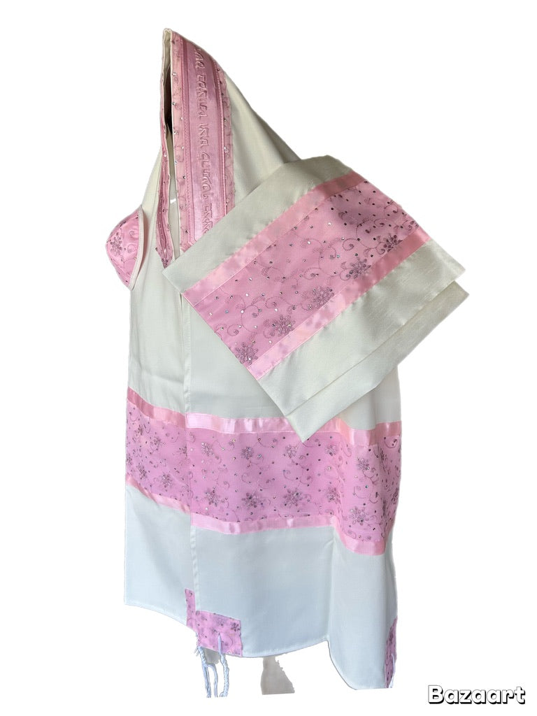 Women's Tallit: ADE-961 Pink Flower w Sparkle On Brushed Cotton