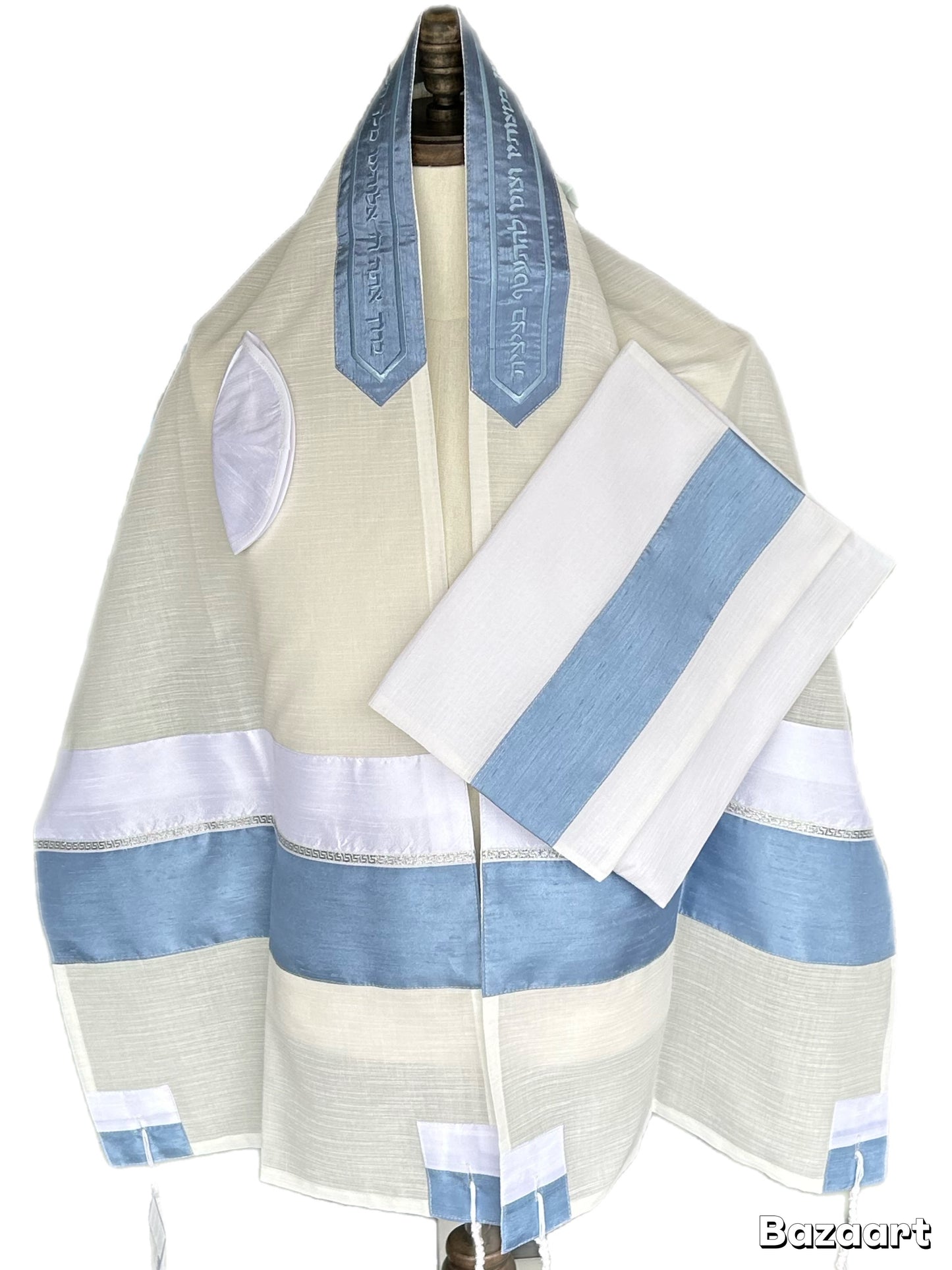 Women's Tallit: Ade-146 White Chiffon w/ Silver L.BlueTallit