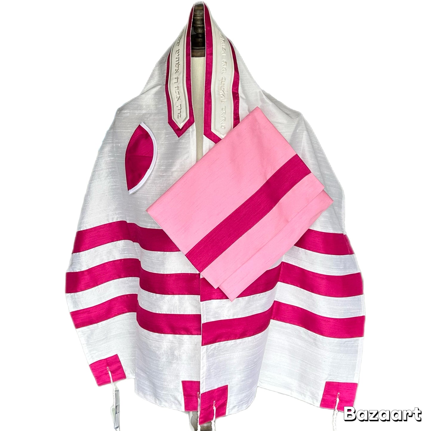 Women's Tallit: ADE-742 Raw silk with FUCHSIA stripes Tallit