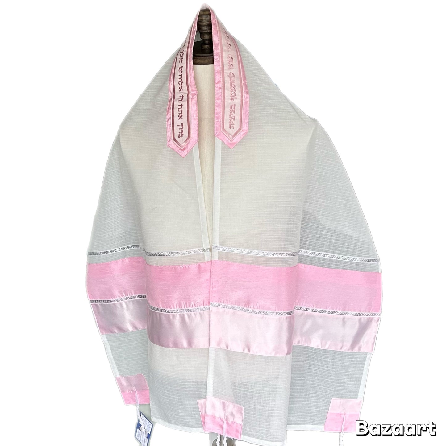 Women's Tallit: Ade-147 White Chiffon w/ Pink L.Pink Tallit