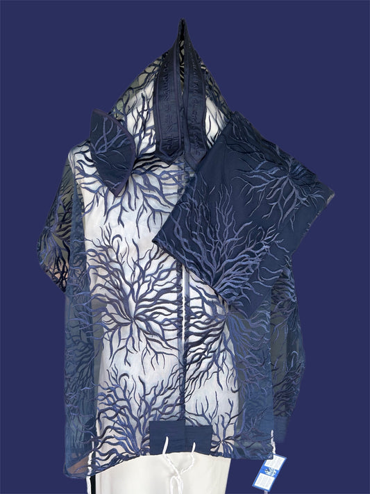 Ade-123 Navy Blue Tree of Life Lace Tallit