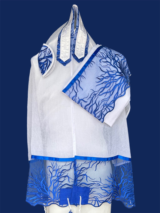Ade-133 White chiffon with royal blue branch lace tallit