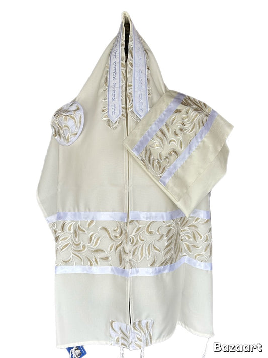 Women's Tallit: Ade-170 White With Gold Leafs  Embroider