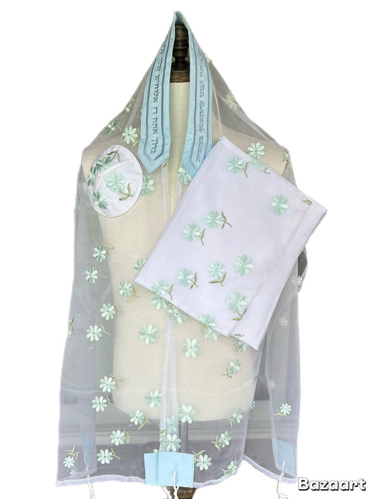 Women's Tallit: Ade-160  Organza Tallit  With Tiphany Blue  Leafs  Embroider