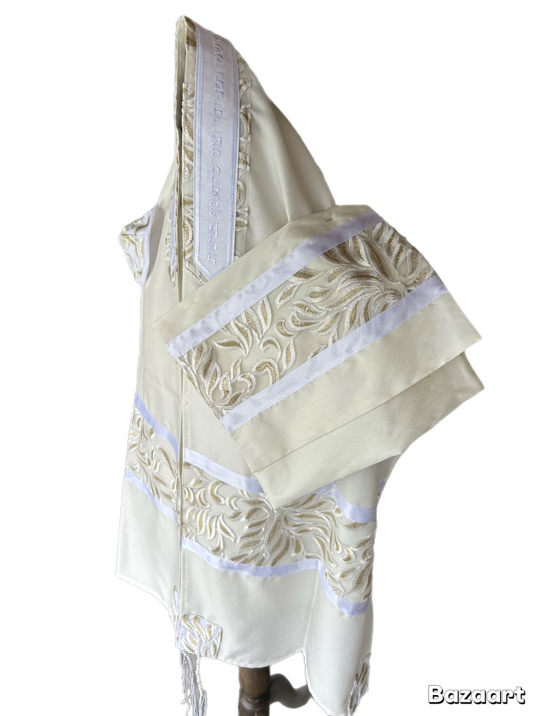 Women's Tallit: Ade-170 White With Gold Leafs  Embroider