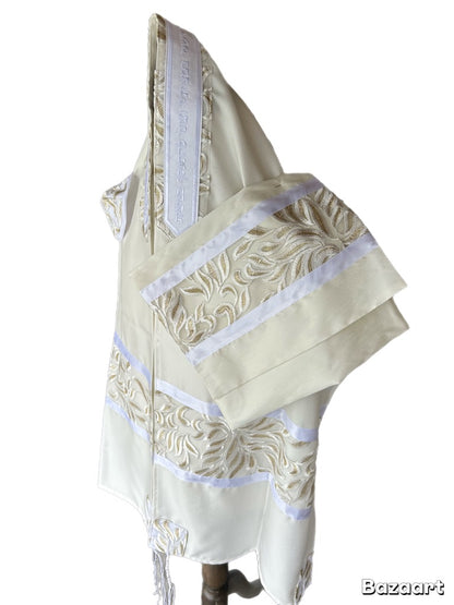 Women's Tallit: Ade-170 White With Gold Leafs  Embroider