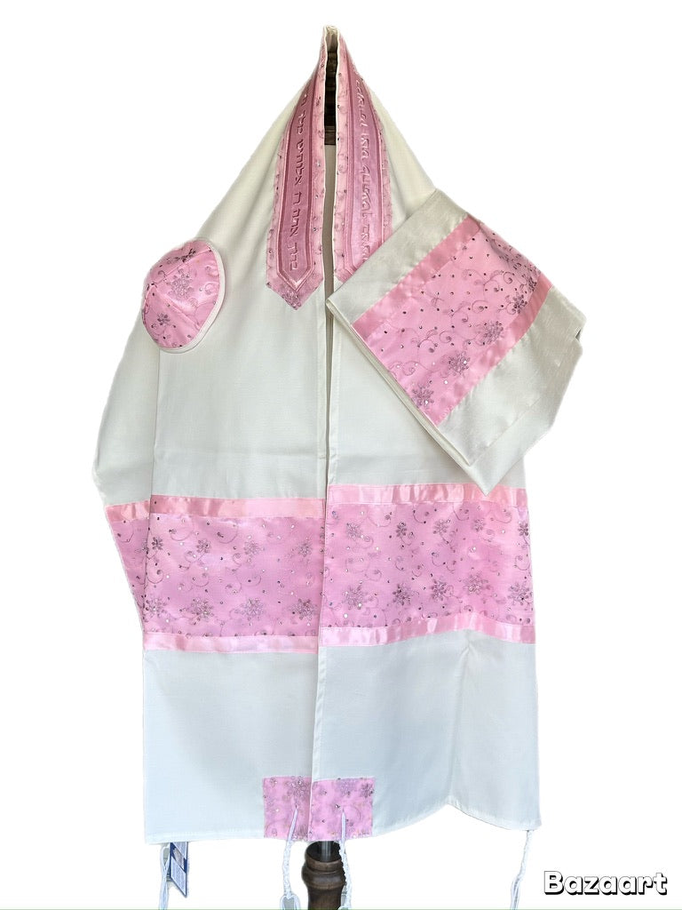 Women's Tallit: ADE-961 Pink Flower w Sparkle On Brushed Cotton