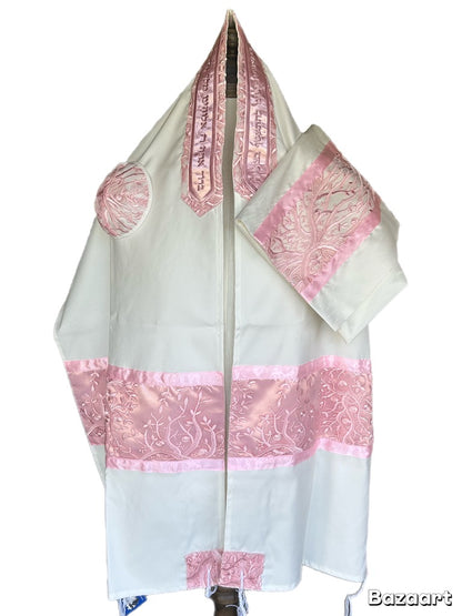 Women's Tallit: Ade-155 Pink  Branches Embroider Tallit On Brushed Cotton