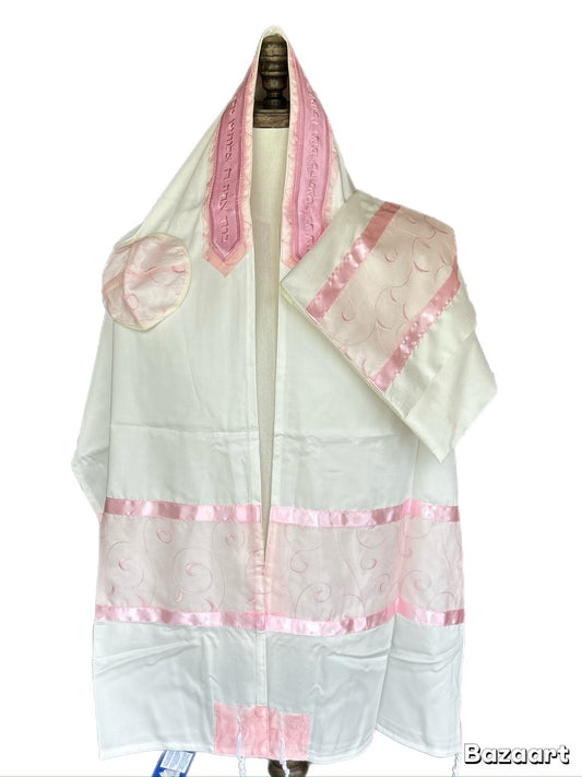 Women's Tallit: Ade-971 White with Pink spiral Tallit