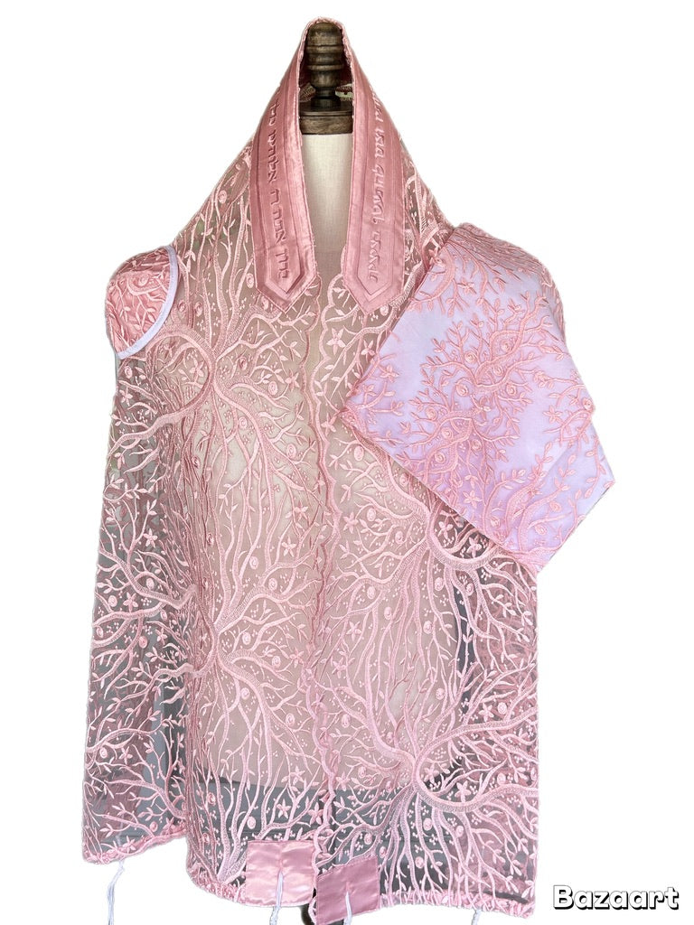 Women's Tallit: Ade-154 Pink  Branches Embroider Tallit
