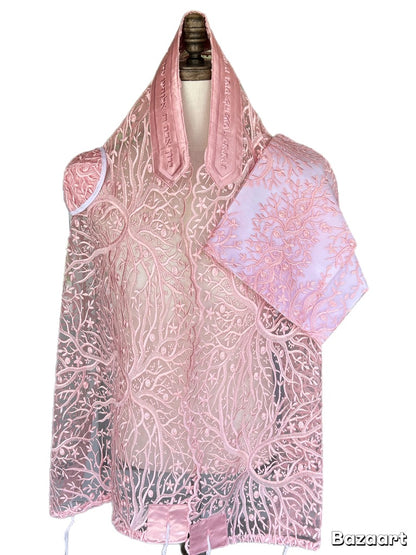Women's Tallit: Ade-154 Pink  Branches Embroider Tallit