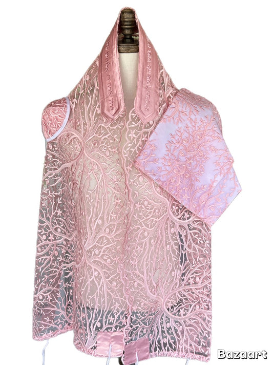Women's Tallit: Ade-154 Pink  Branches Embroider Tallit