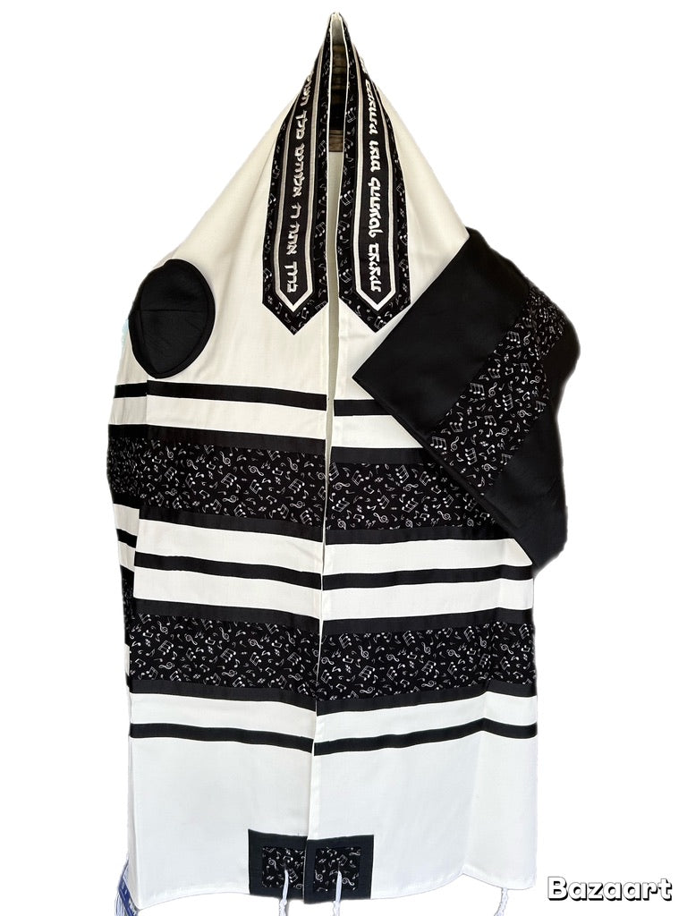 Men's Tallit: ADEB-557 Black & White Musical Notes