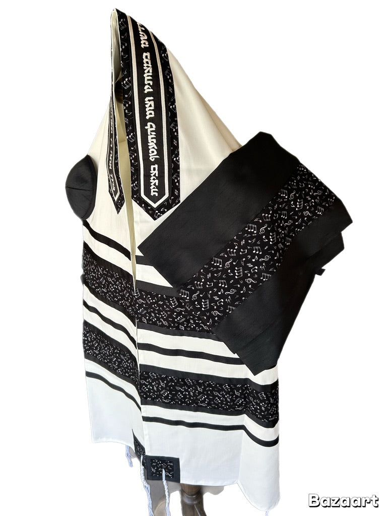 Men's Tallit: ADEB-557 Black & White Musical Notes