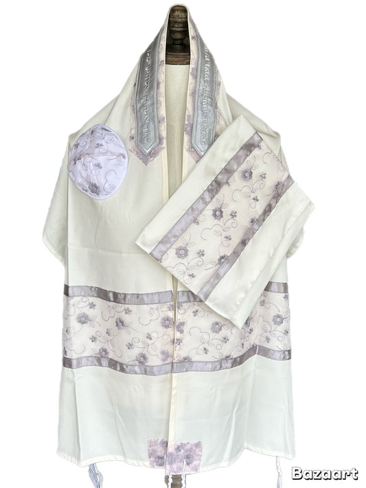 Women's Tallit: Ade-162  White With Silver  Leafs  Embroider