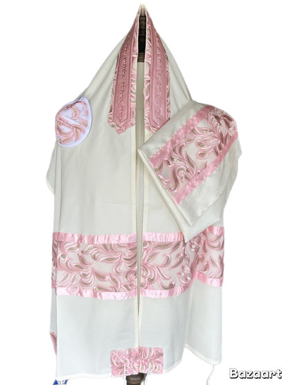 Women's Tallit: Ade-171 Pink Withe Gold Leafs  Embroider