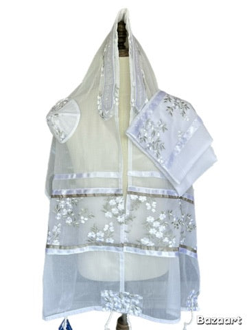 Women's Tallit: ADE-771 SILVER AND WHITE FLOWERS OVER WHITE CHIFFON