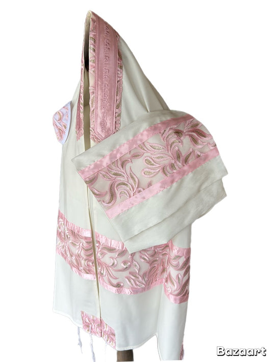 Women's Tallit: Ade-171 Pink Withe Gold Leafs  Embroider