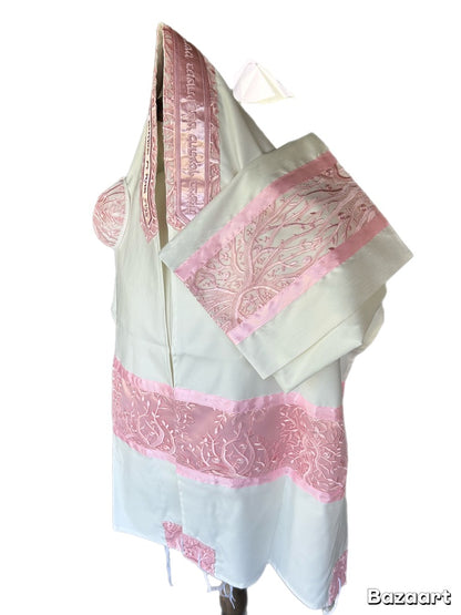 Women's Tallit: Ade-155 Pink  Branches Embroider Tallit On Brushed Cotton