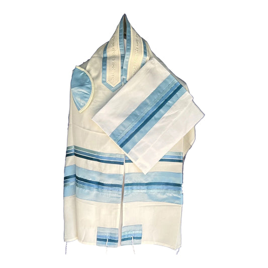 Women's Tallit: ADE-930 White w/ Baby blue and aqua Tallit