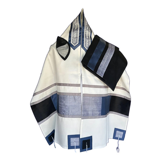 Men's Tallit: ADEB-540  Blues & Black Silver Squares
