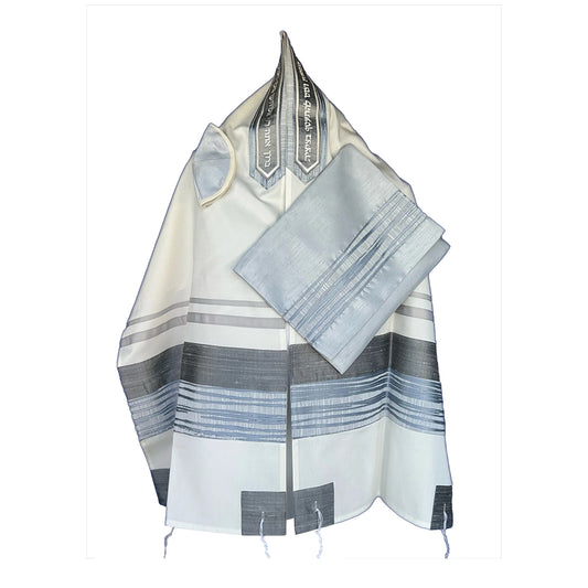Men's Tallit: ADEB-546 Silver & Light Blue Wave