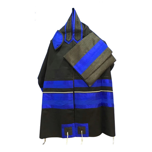Men's Tallit: ADEB-804 Black Wool  Black & Elcktrical Blue