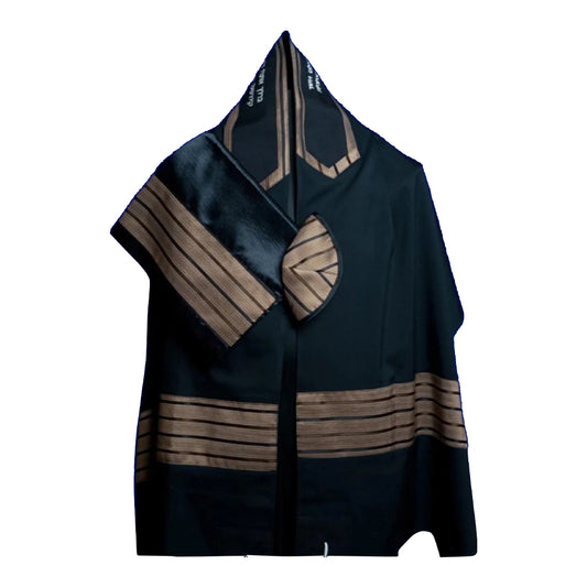 Men's Tallit: ADEB-919 Black Wool Brwon & Black