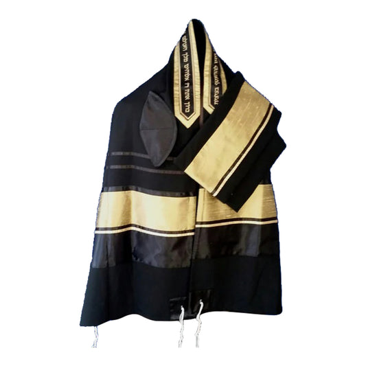 Men's Tallit: ADEB-973 Black Wool Black & Olive Gold