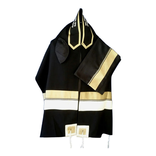 Men's Tallit: ADEB-974 Black Wool Silver & Olive Gold