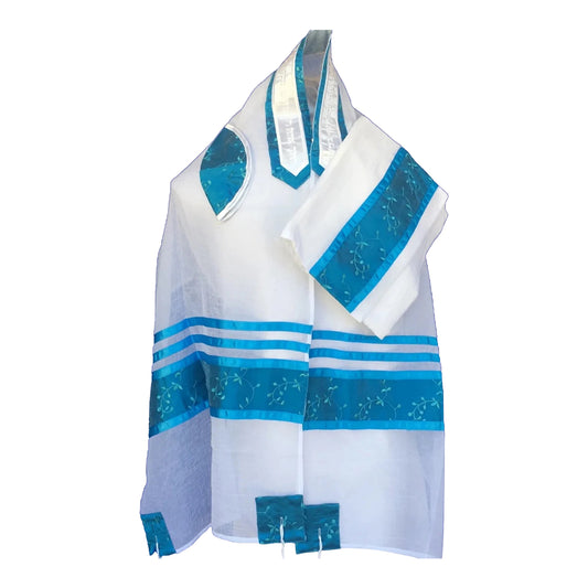 Women's Tallit: Ade-705 white w/ Turqouise Floral Tallit