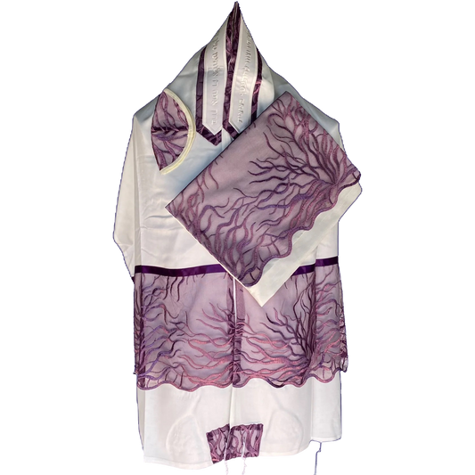 Women's Tallit: Ade-706 White Brush w/ purple Tree of life Tallit
