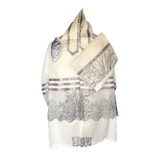 Women's Tallit: Ade-707 white with Siver lace Tallit