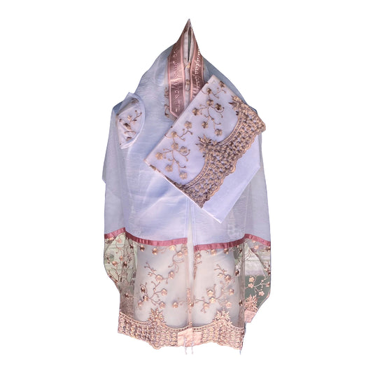 Women's Tallit: Ade-715 White w/ Pink Mouve LaceTallit