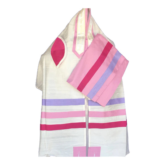 Women's Tallit: Ade-726 Raw silk with pinks and Lavender stripes Tallit