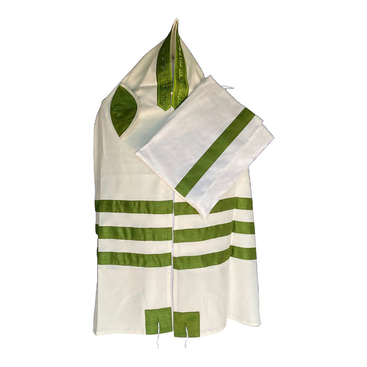 Women's Tallit: Ade-729 White w/ 3 Green stripes Tallit