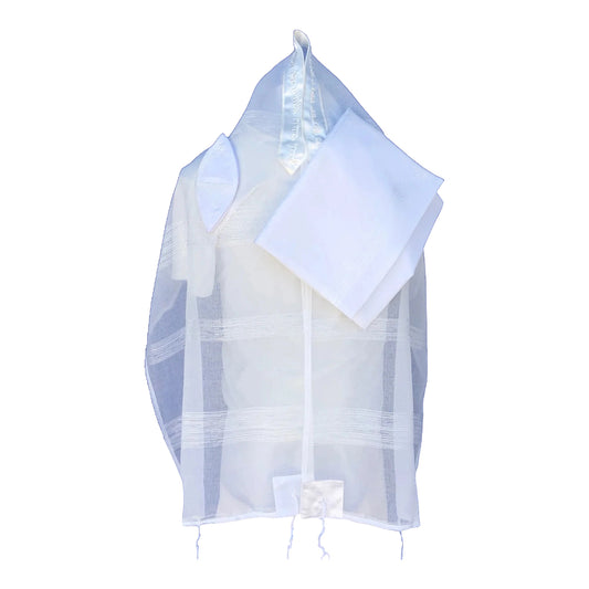 Women's Tallit: Ade-738 White Chiffon w/ woven lines Tallit