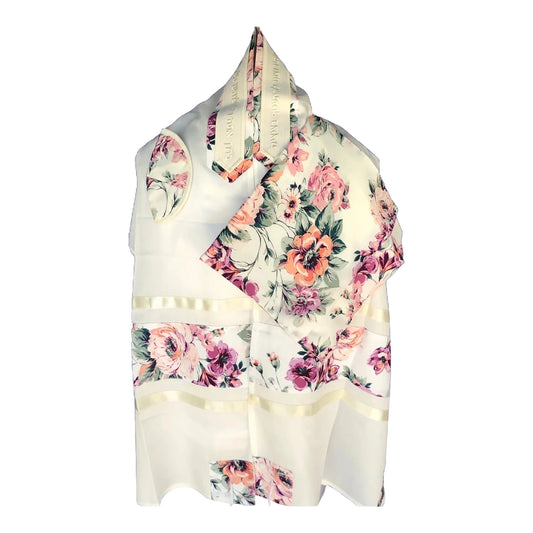 Women's Tallit: Ade-741 White w/ pink flowers Tallit