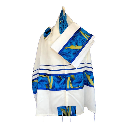 Women's Tallit: Ade-748 White w/ Blue Floral Tallit