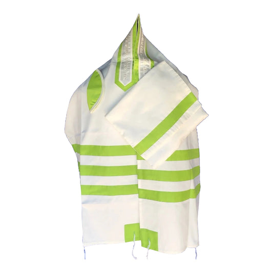 Women's Tallit: Ade-749 White w/ 3 Lime Green stripes Tallit