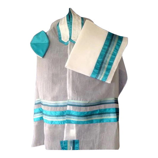 Women's Tallit: Adec-933 White with teal Tallit