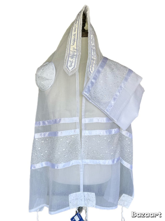 Women's Tallit: Ade-134 White Flower w sparkle silver